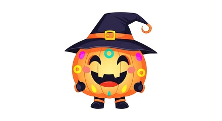 Cartoon pumpkin with witch hat and smiling face standing on a white background in vector style