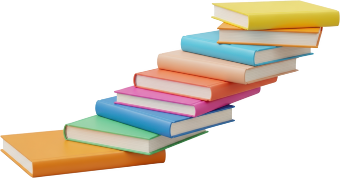 Stacked colorful hardcover books forming ascending steps isolated on black transparent background