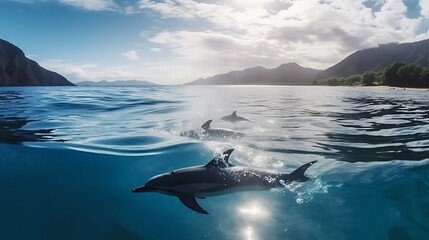 Dolphins swimming in tropical waters, a captivating underwater scene of marine wildlife