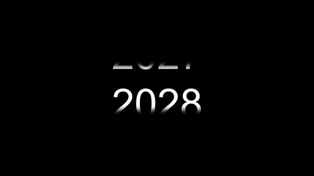 Dynamic scrolling progression timeline animation of 2025 to 2030 years on a 4k black background. Order number from the vertical past into the future era evolution time yearly line 