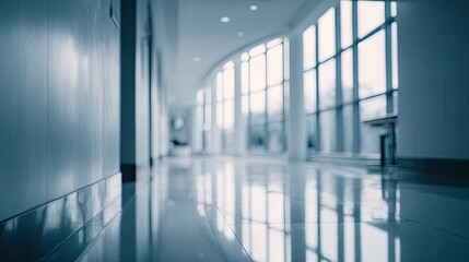 Wide hallway with large windows and polished floor.