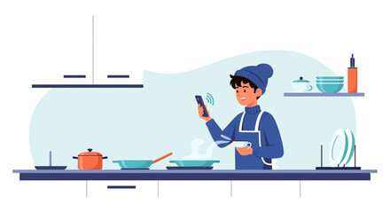 Man Cooking While Following A Recipe On His Phone In The Kitchen