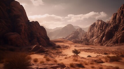 Expansive desert landscape with towering rock formations under cloudy skies