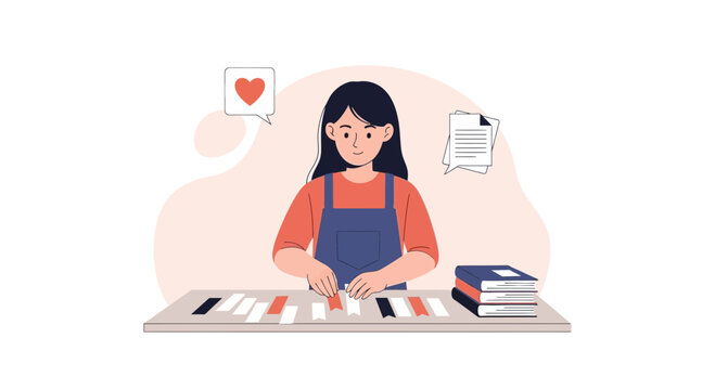 Book Binding Illustration Of A Woman Crafting With Affection And Precision