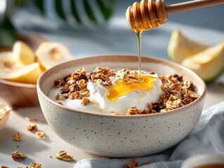 Creamy yogurt topped with granola and honey served in a bowl with fresh fruit, perfect for a healthy breakfast