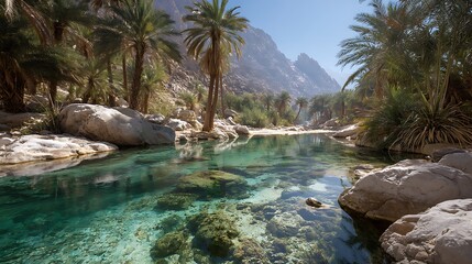Serene oasis nestled between rocky hills and palm trees with crystal water