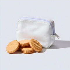 Close Up of Round Cookies and Small White Zipper Bag on White Background