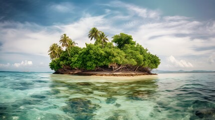 Tropical island paradise escape: A verdant islet surrounded by azure waters