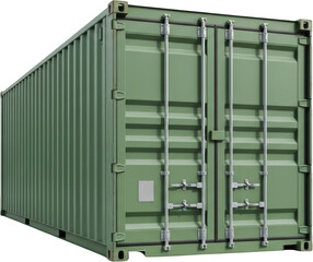 Green shipping container with corrugated metal sides and metal latches transparent background