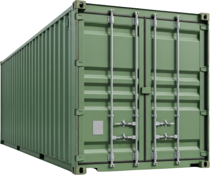 Green shipping container with corrugated metal sides and metal latches transparent background