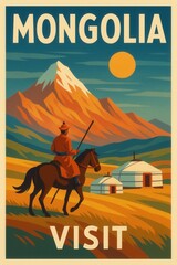 Obraz premium A traditional Mongolian horse rider crosses golden fields under a sunlit sky with snowy mountains and yurts in the backdrop, showcasing the culture of Mongolia