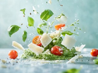Fresh basil and cherry tomatoes create a vibrant, colorful dish with pesto and cheese on a light background