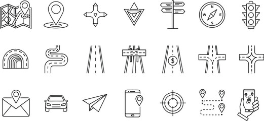 Comprehensive Set of Navigation and Travel Line Icons, Featuring Maps, Roads, Pointers, Compass, and Transport Symbols for Location and Journey Concepts.