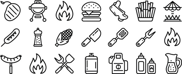 Extensive Set of BBQ and Grill Line Icons, Featuring Food, Tools, and Accessories for Outdoor Cooking, Summer Parties, and Culinary Themes.