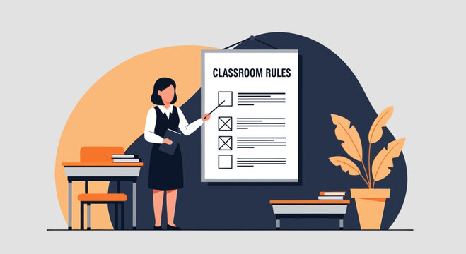 Educator Displaying Classroom Rules On Whiteboard For Students Compliance Education
