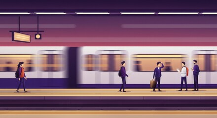 Modern flat vector illustration of commuters at a metro station with a train in motion. Concept of urban public transport and daily commute.