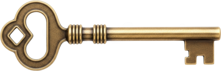 Antique brass skeleton key with ornate bow and detailed shaft isolate Metal