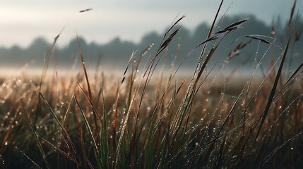 Morning dew glistening on meadow grasses against a misty horizon landscape