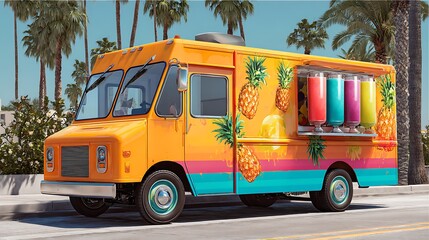 Vibrant pineapple-themed food truck parked along palm-lined tropical street