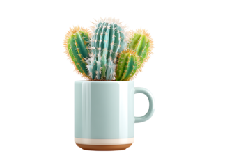 Cactus plants in a light blue mug on black background, Isolated On White, Transparent Background, Png