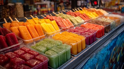 Colorful array of refreshing fruit popsicles at a vibrant summer market stall