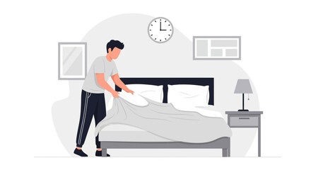 Man Making The Bed In Bedroom With Minimalist Interior Design Style