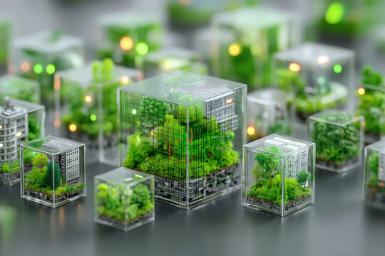 Sustainable Green Eco City Miniature World Inside Glass Cubes Urban Planning Future Technology Concept