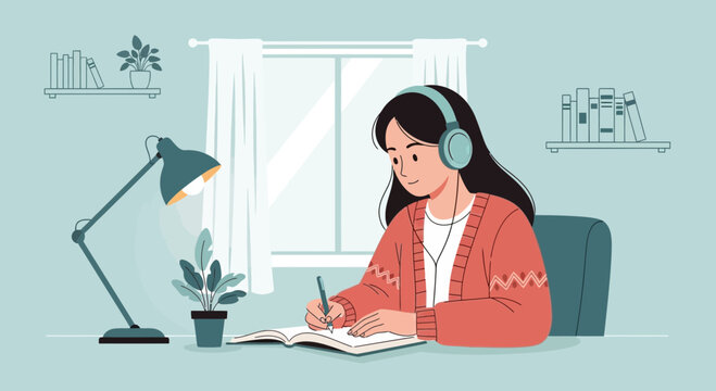 Girl Studying With Headphones At Desk In Cozy Room Flat Vector Illustration