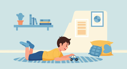 Boy Playing With Toy Car At Home Having Fun Childhood Innocence Concept