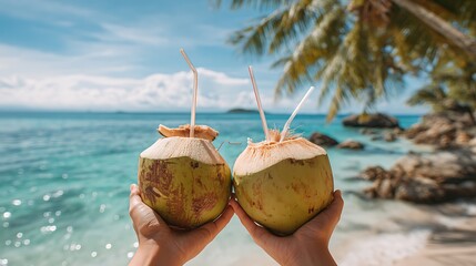 Refreshing coconut beverages on a tropical shore evoke vacation paradise feeling