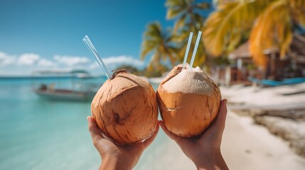 Exotic Beach Getaway: Refreshing Coconuts on Tropical Sandy Shoreline