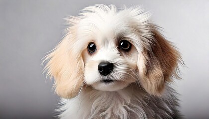 White and brown puppy gazing directly, soft fur highlighting youthful, innocent expression against minimalist gray backdrop