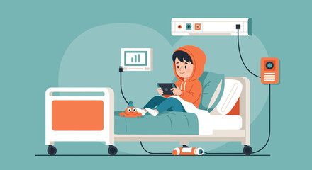Fototapeta premium Boy Plays Video Game Console in Hospital Bed Enjoying His Free Time