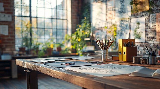 creative loft office interior with design tools and sketches on table, natural textures, motivational workspace, high-resolution detail, wide-angle lens - Powered by Adobe