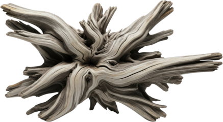 Intricate weathered driftwood sculpture with gnarled wooden branches natural texture isolate