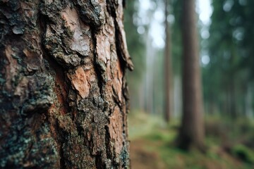 Obraz premium Close-up of textured tree bark, blurry forest background