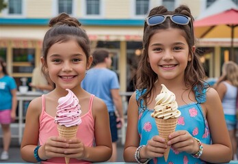 Happy Kids Enjoying Ice Cream Cones at Summer Festival