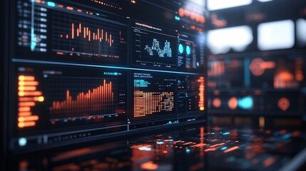 Fototapeta premium digital screen displaying business analytics in modern workspace, futuristic tone, professional color grading, natural shadows, shot with 85mm lens, mid-angle