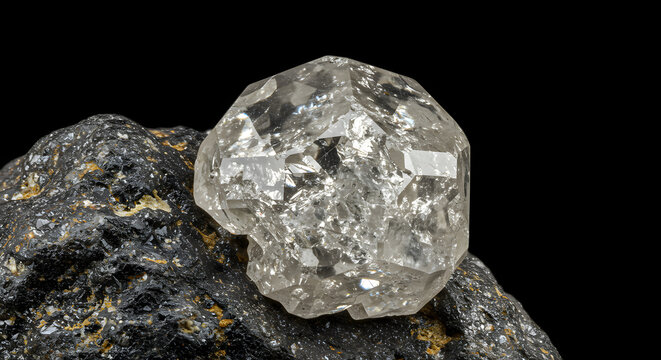 Macroscopic photo of raw Herkimer Diamond, a double-terminated quartz crystal variety,Macro view of clear gemstone with matrix, mineralogy concept