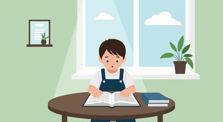 Fototapeta premium Boy Reads With Enthusiasm Near Window Growing Up and Learning New Knowledge