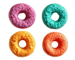 Four colorful, ring-shaped cereal pieces