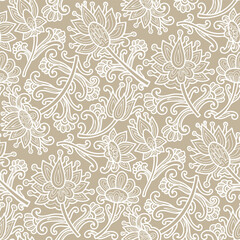 Fototapeta premium Paisley floral pattern, abstraction, swirl flowers, white and beige colors. Seamless floral pattern-782.