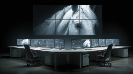 Modern workspace featuring multiple computer monitors arranged circular layout, with large screen displaying close up of white horse
