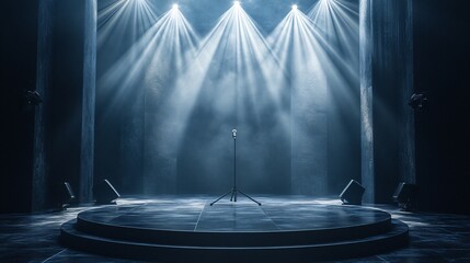 corporate event stage setup with spotlight and microphone, no people, ambitious tone, clean design elements, ultra-detailed, frontal angle