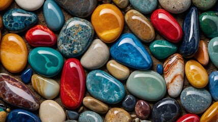 A vibrant array of polished gemstones in various colors and patterns, showcasing their natural beauty and unique shapes.