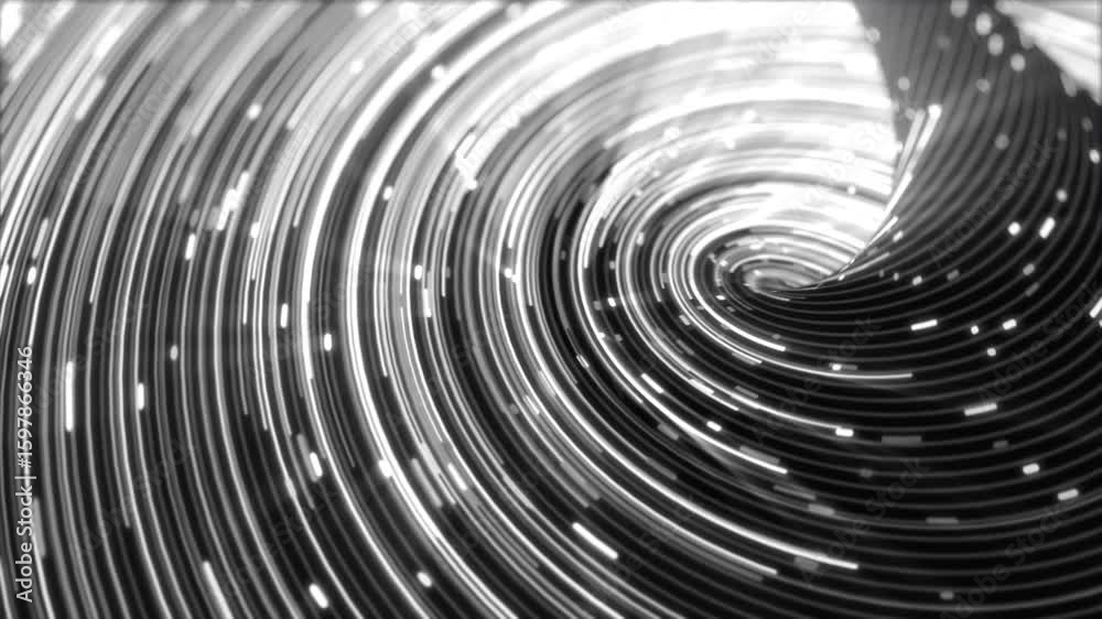 Poster abstract black and white swirl pattern with glowing lights and dynamic circular motion, creating a m