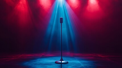 corporate event stage setup with spotlight and microphone, no people, ambitious tone, clean design elements, ultra-detailed, frontal angle