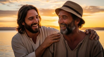 Obraz premium Shared laughter and camaraderie by the sea at sunrise, a moment of pure joy