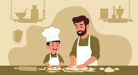 Happy Father And Son Baking Together In The Kitchen Illustration