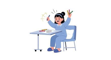 Enthusiastic Girl Celebrating Completing Her Drawing With Crayons And A Big Smile